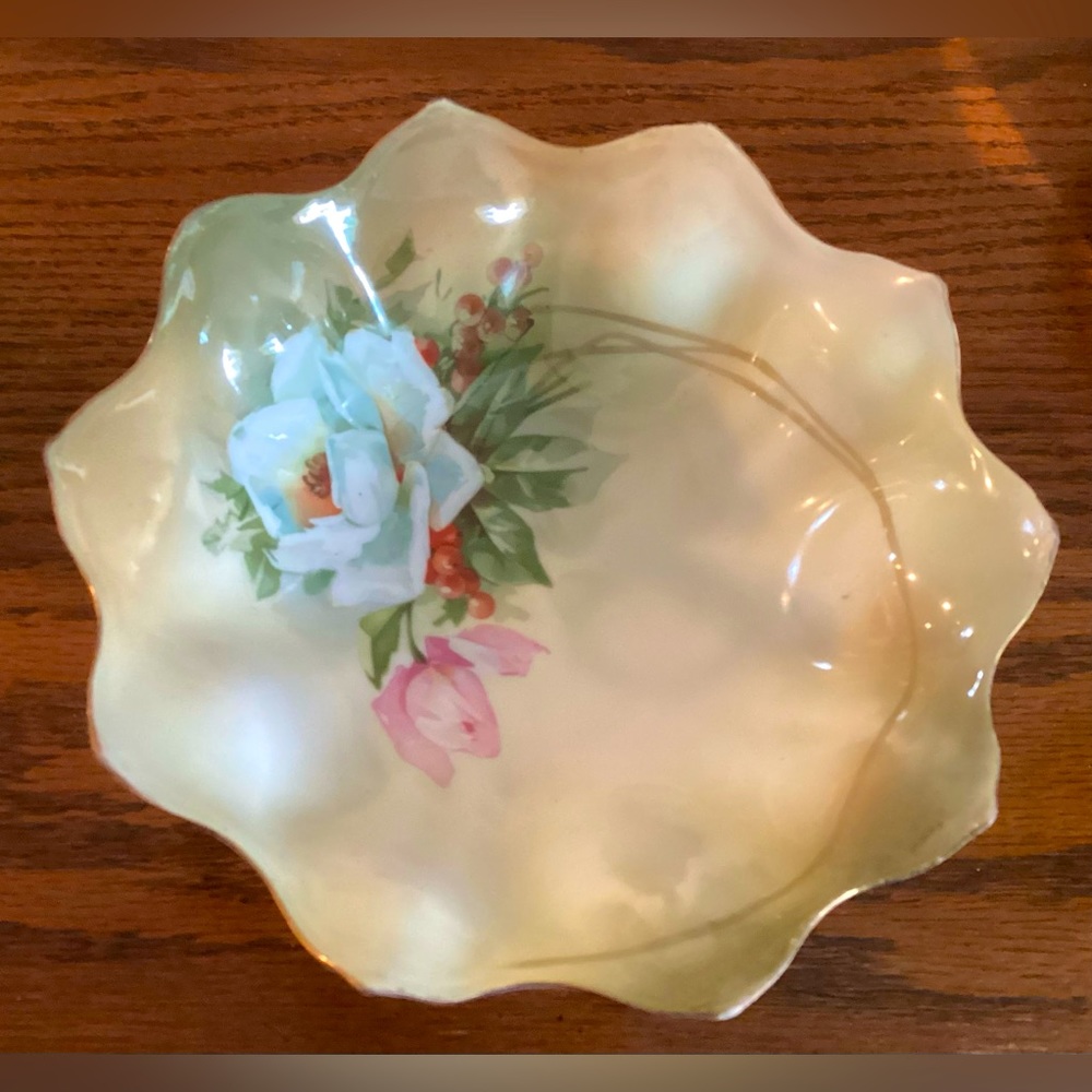JHR Bavaria Germany Hand Painted White & Pink Rose, Berries Footed Dish 7” EUC